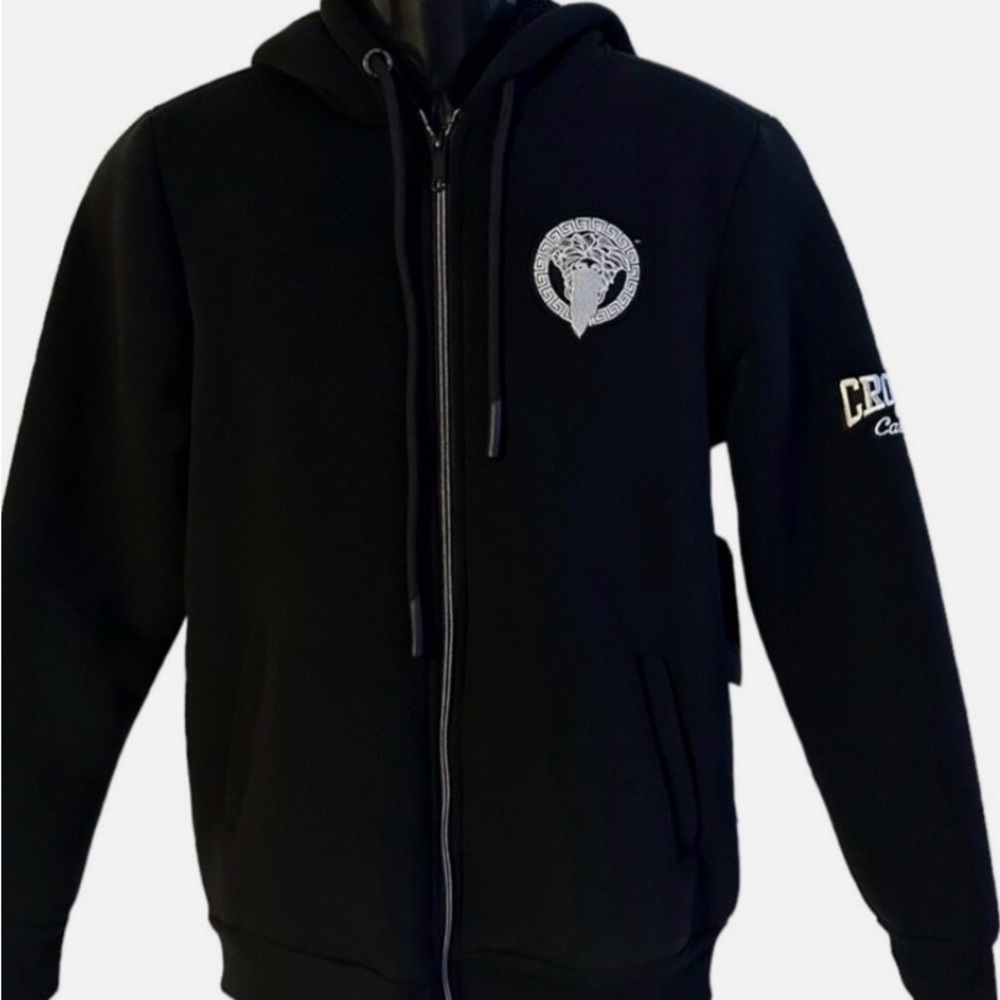 Crooks and Castles Sherpa full-zip Black Hoodie w Signature Bandit Medusa logo